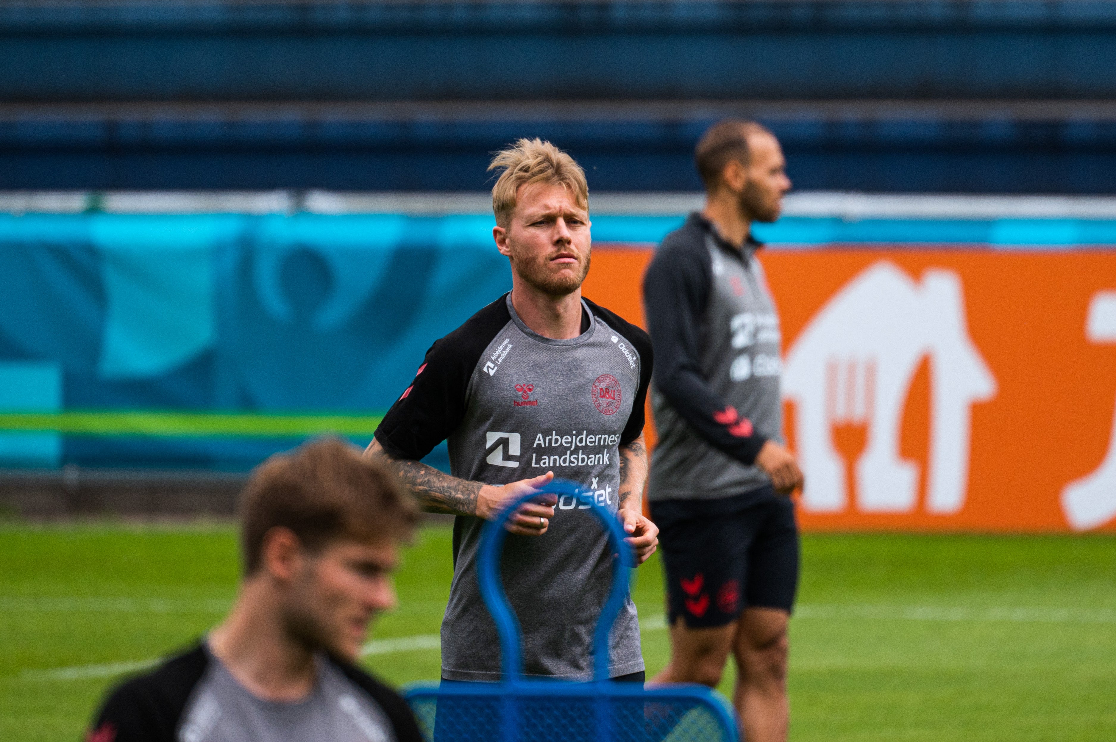 <p>Simon Kjaer attends a training session in Helsingor, north of Copenhagen</p>