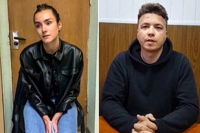 <p>Sofia Sapega (left) was take off a Ryanair flight and arrested with her boyfriend Roman Protasevich (right) in May</p>