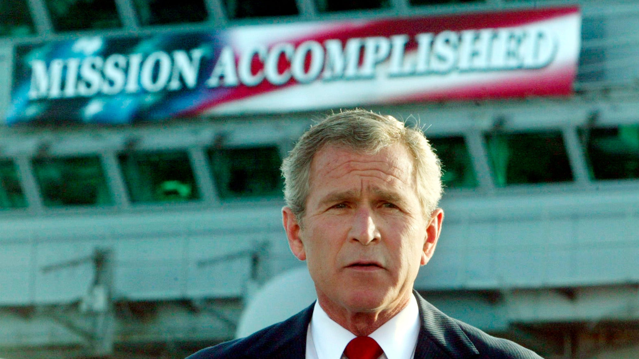 George W Bush declares combat in Iraq over aboard aircraft carrier USS Abraham Lincoln in 2003