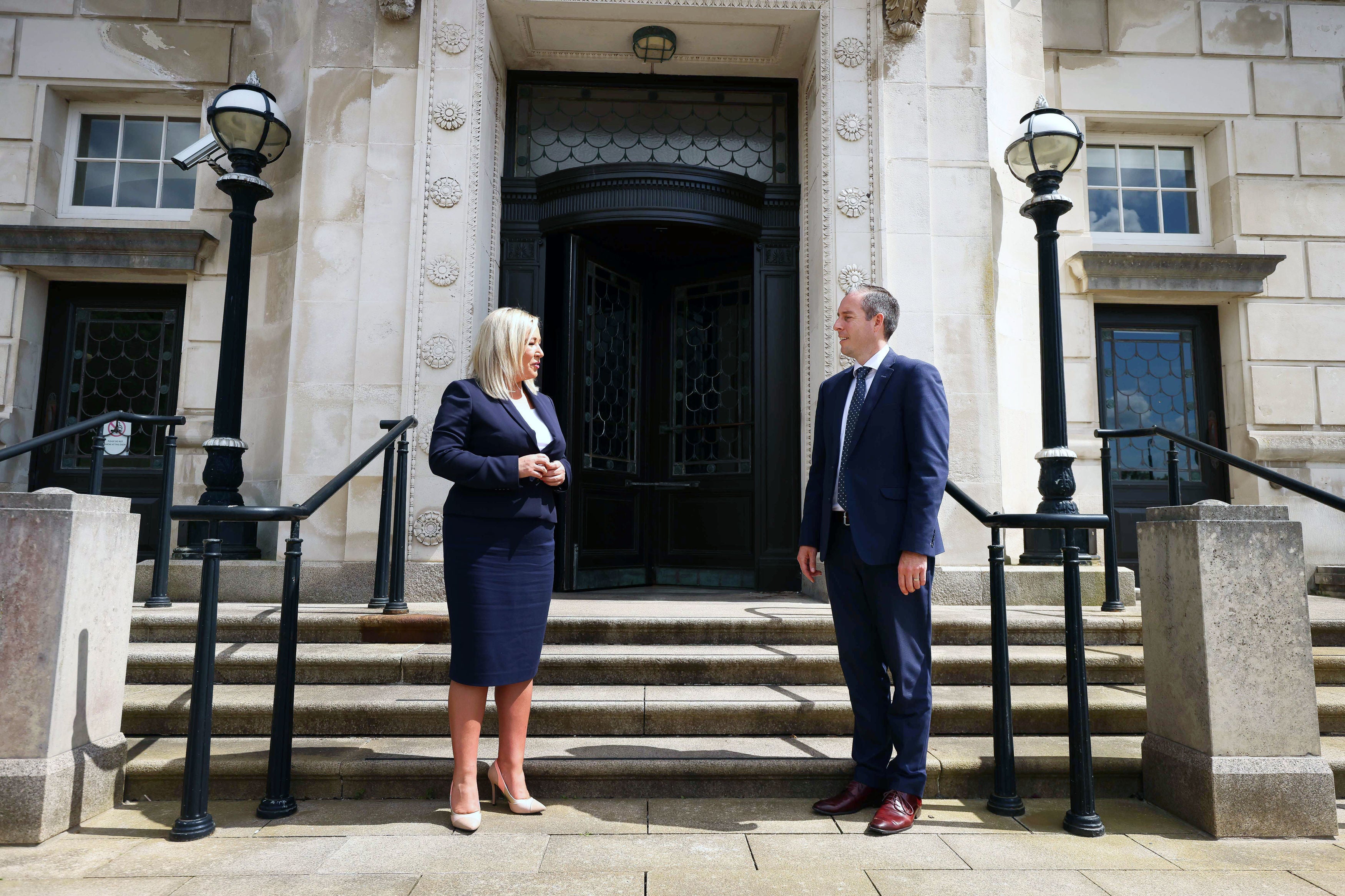 Paul Givan and Michelle O’Neill outside Parliament Buildings, Belfast, after they were nominated first minister and deputy first minister respectively, on Thursday