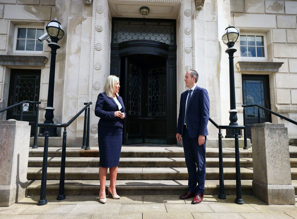 <p>Paul Givan and Michelle O’Neill outside Parliament Buildings, Belfast, after they were nominated first minister and deputy first minister respectively, on Thursday </p>