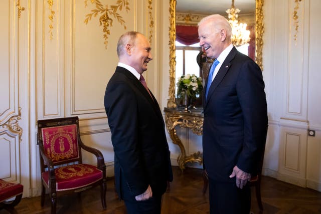 <p>U.S. President Joe Biden (R) and Russian President Vladimir Putin meet during the U.S.-Russia summit at Villa La Grange on June 16, 2021 in Geneva, Switzerland</p>
