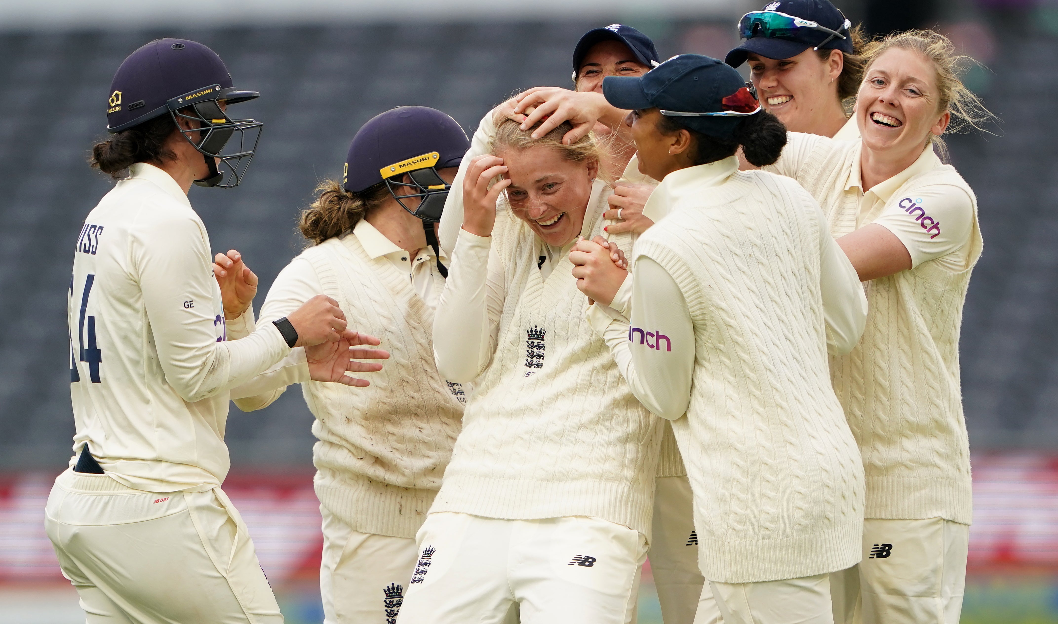 Sophie Ecclestone celebrates a wicket during a strong end to the day for England