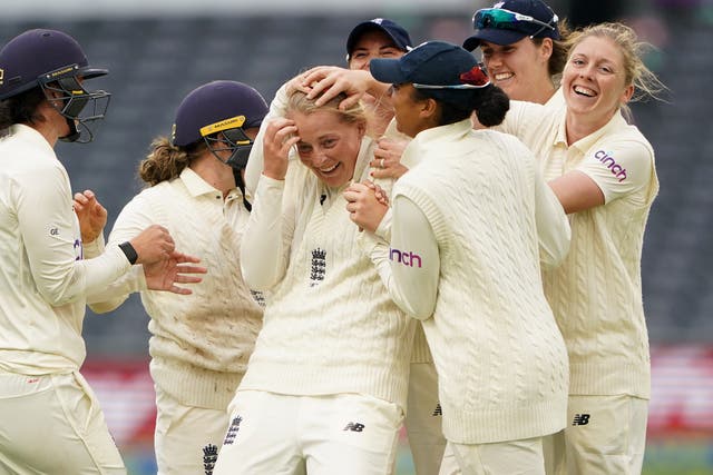 Sophie Ecclestone celebrates a wicket during a strong end to the day for England