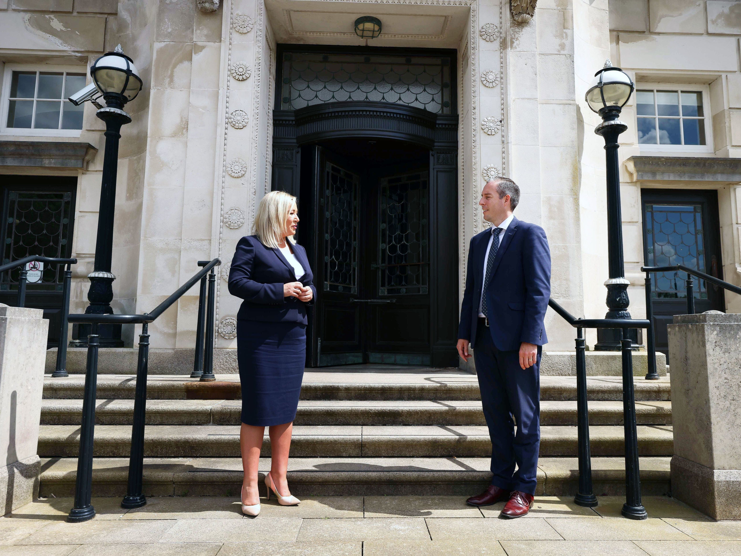 Michelle O’Neill and Paul Givan outside the parliament building in Belfast on Thursday