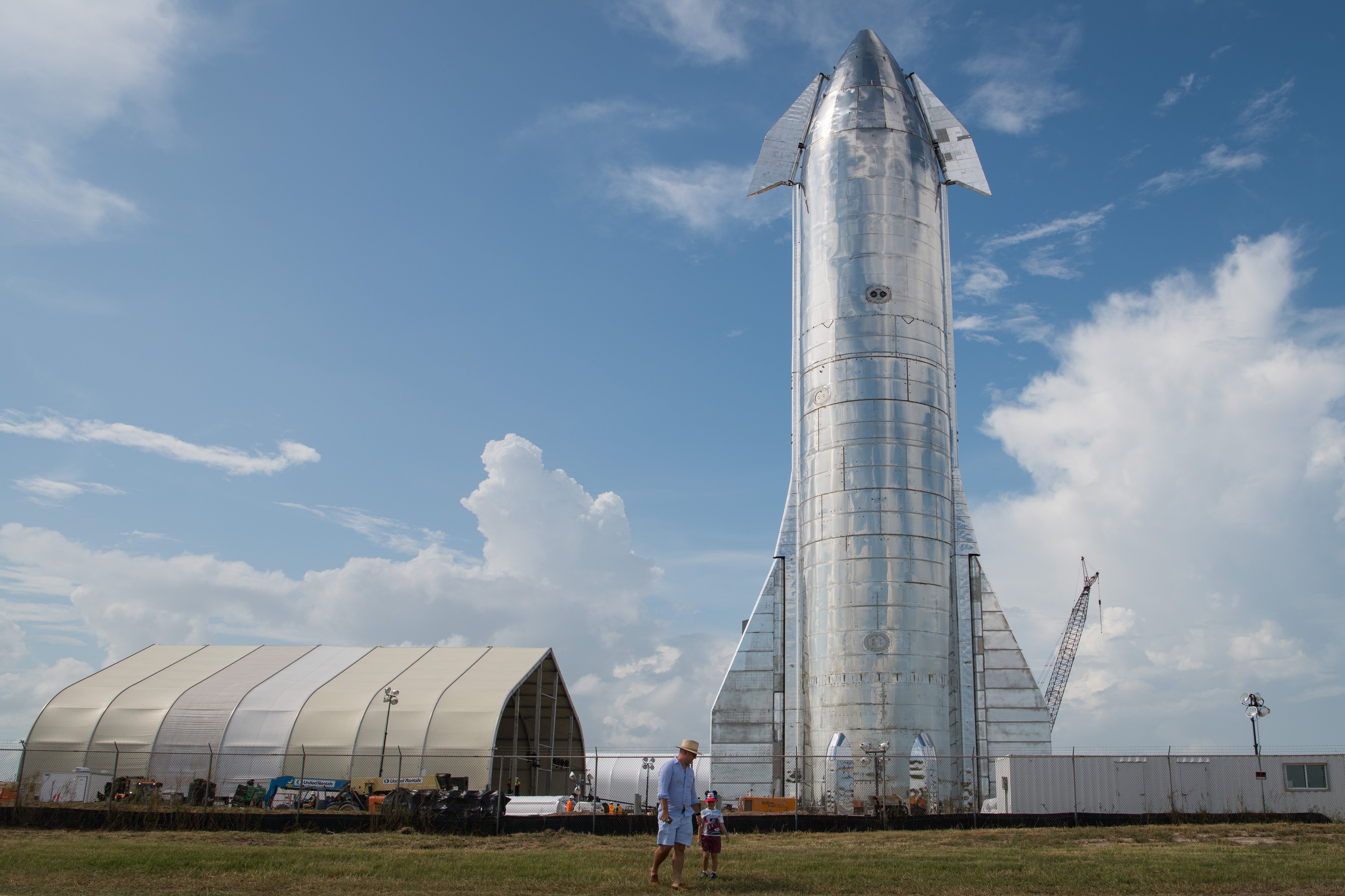 A prototype of SpaceX’s Starship spacecraft is seen at the company’s Texas launch facility on 28 September, 2019 in Boca Chica near Brownsville, Texas