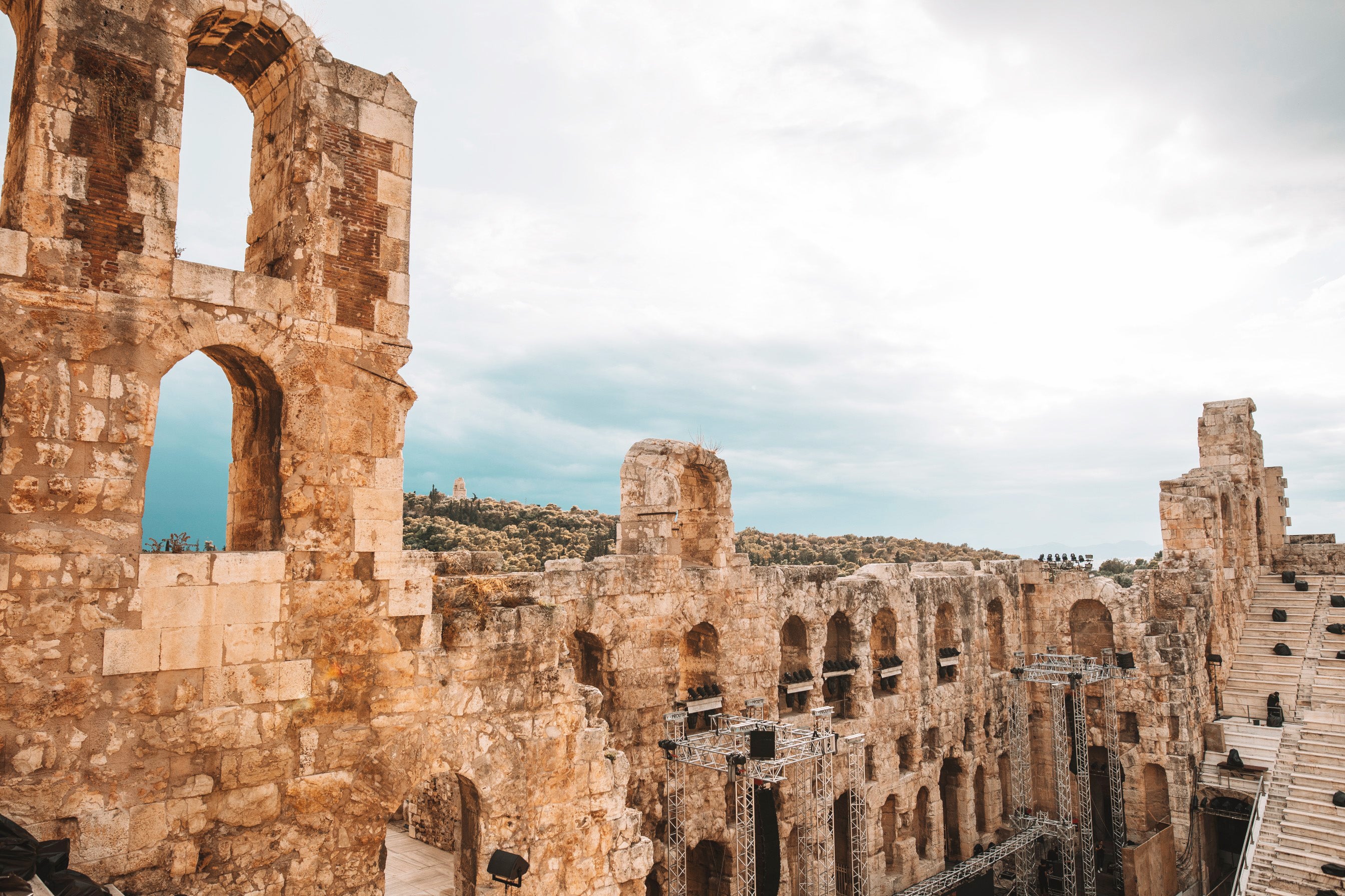 At 85ft tall the original structure featured a vast roof adorned with ceramic statues, a tiled entrance, elaborate archways – and a markedly Roman curvilinear composition (particularly compared to the nearby Theatre of Dionysus). It held music and theatre events, in particular its ‘music contests’ cut-throat, essential element of the Greek games pitting musician against musician