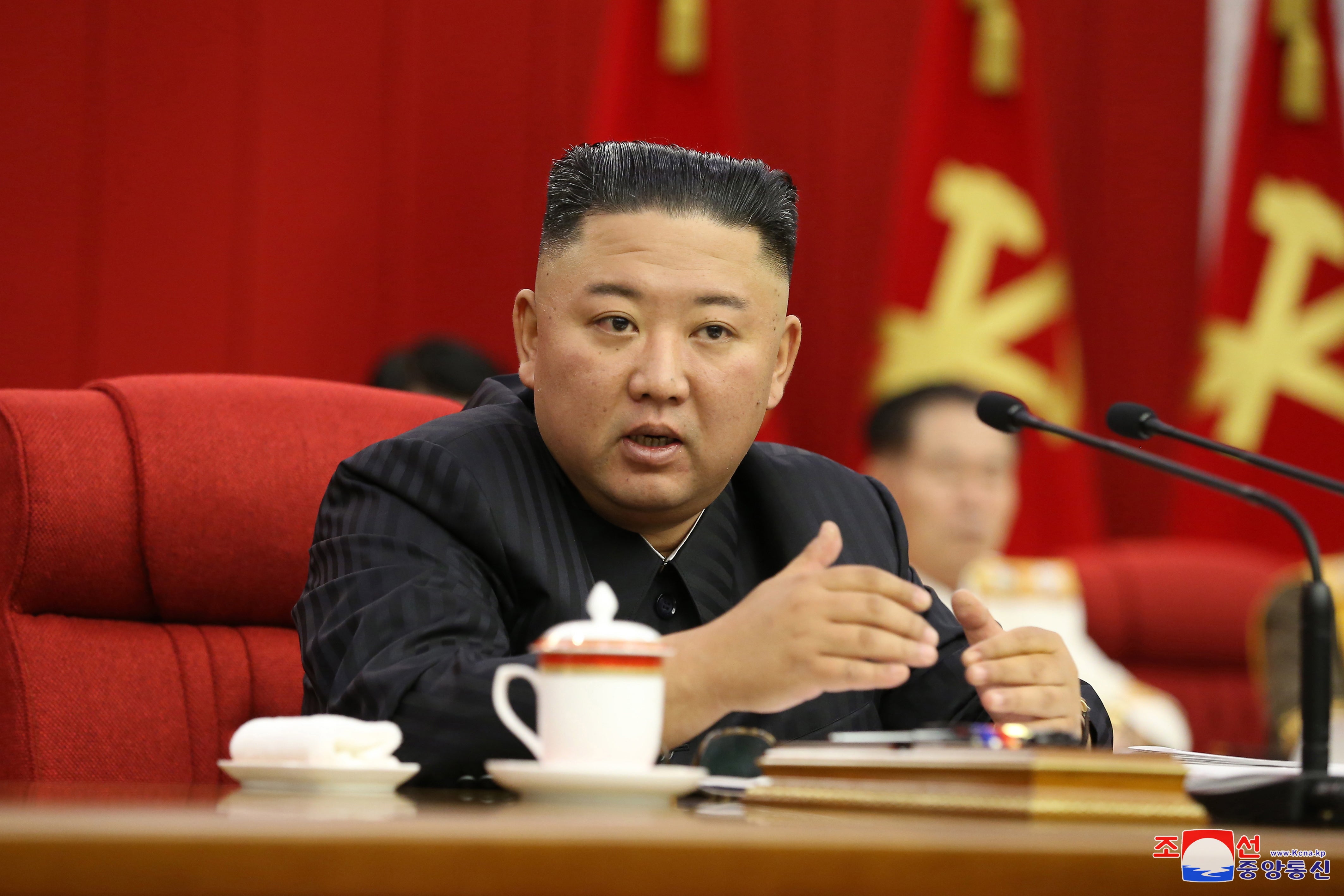 Kim Jong-un speaks on 17 June during the third day of the 3rd Plenary Meeting of the 8th Central Committee of the Workers' Party of Korea (WPK) in Pyongyang