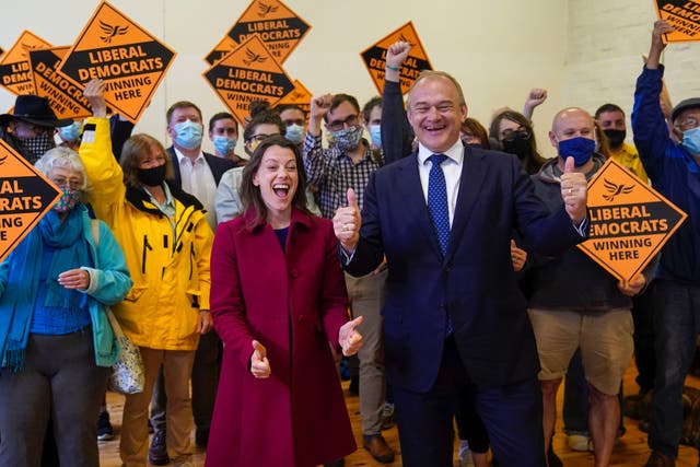 <p>Liberal Democrat leader Ed Davey and Sarah Green, the party’s new MP for Chesham and Amersham, celebrate her by-election victory on Friday</p>