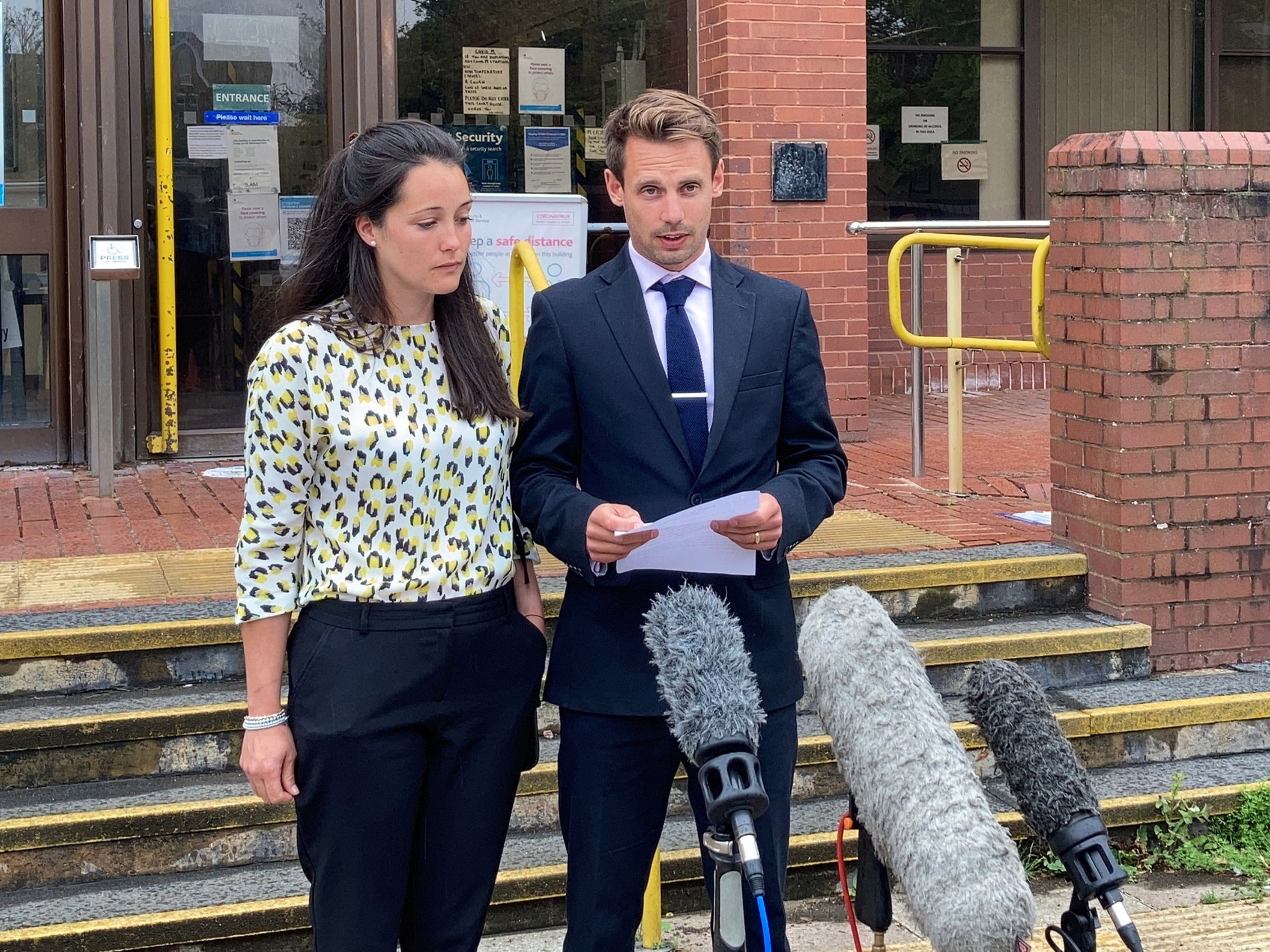 Tom and Sarah Richford read a statement outside Folkestone Magistrates' Court