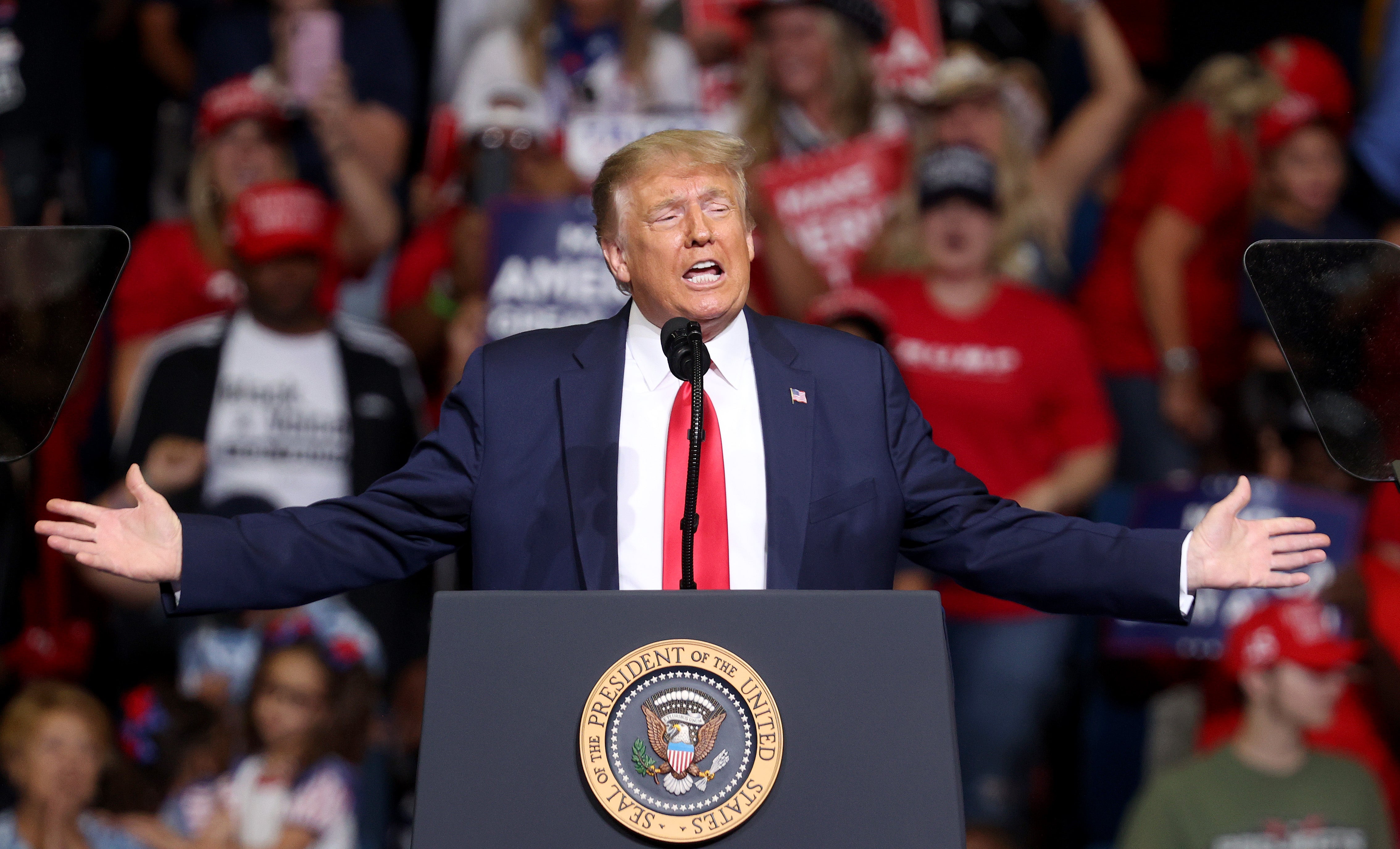 <p>Then-US President Donald Trump arrives at  a campaign rally at the BOK Center, 20 June, 2020 in Tulsa, Oklahoma. </p>