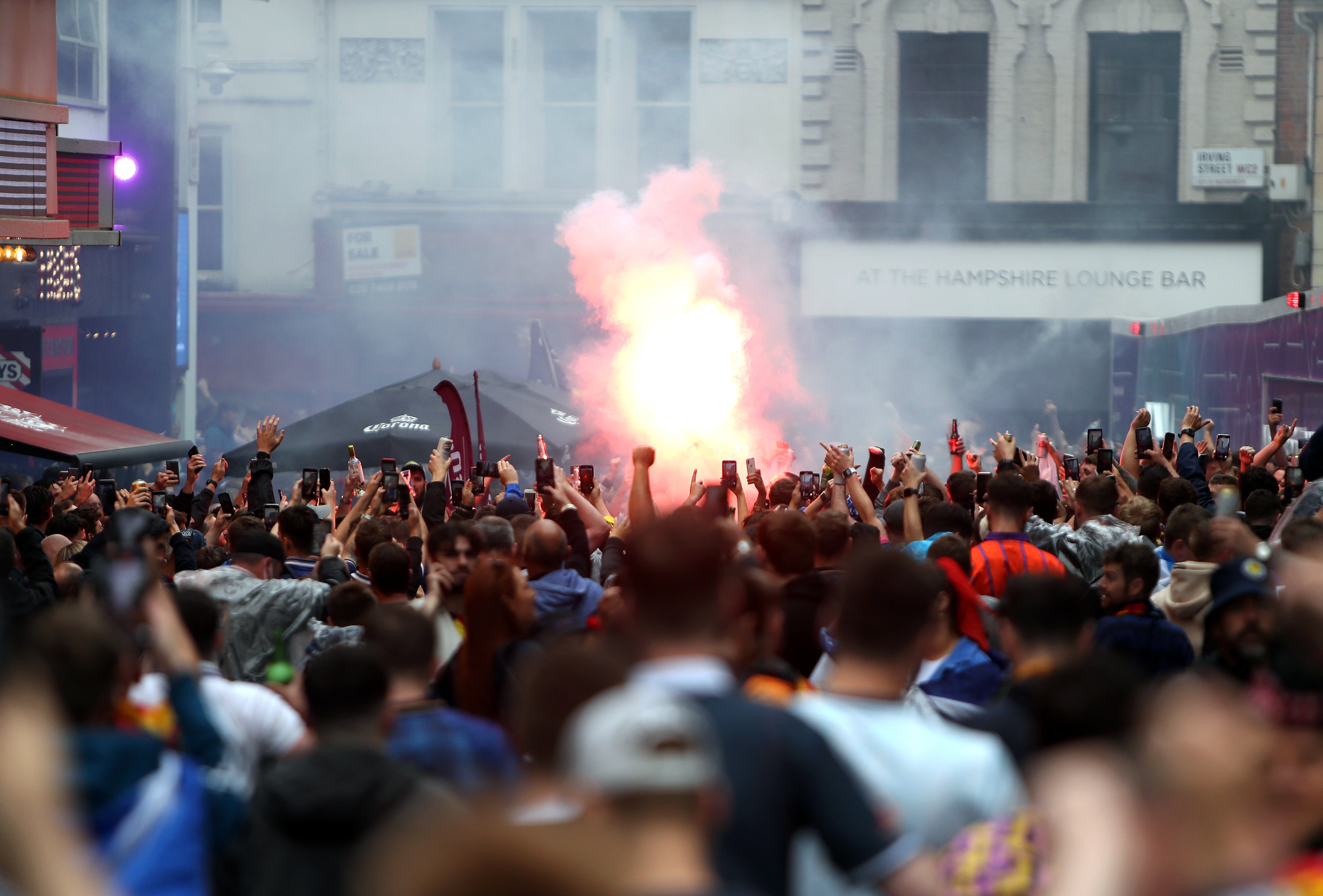 Scotland fans gather in Leicester Square before the UEFA Euro 2020 match between England and Scotland later tonight