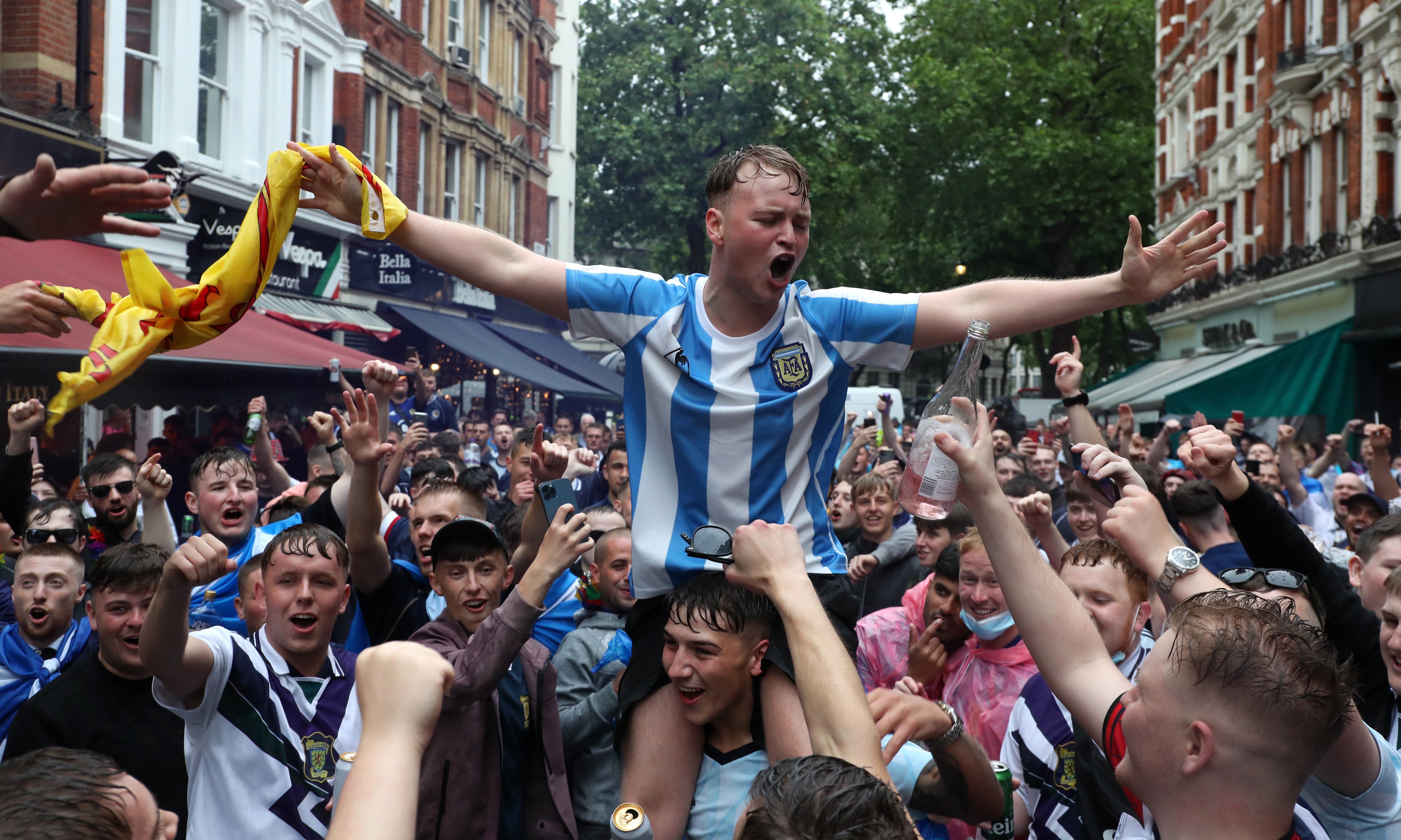 Scotland fans gather in Leicester Square before the UEFA Euro 2020 match between England and Scotland later tonight.