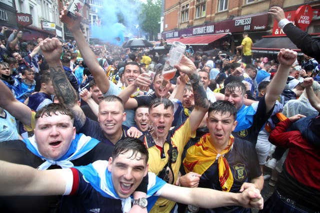 <p>Scotland fans gather in Leicester Square before the UEFA Euro 2020 match between England and Scotland later tonight.</p>