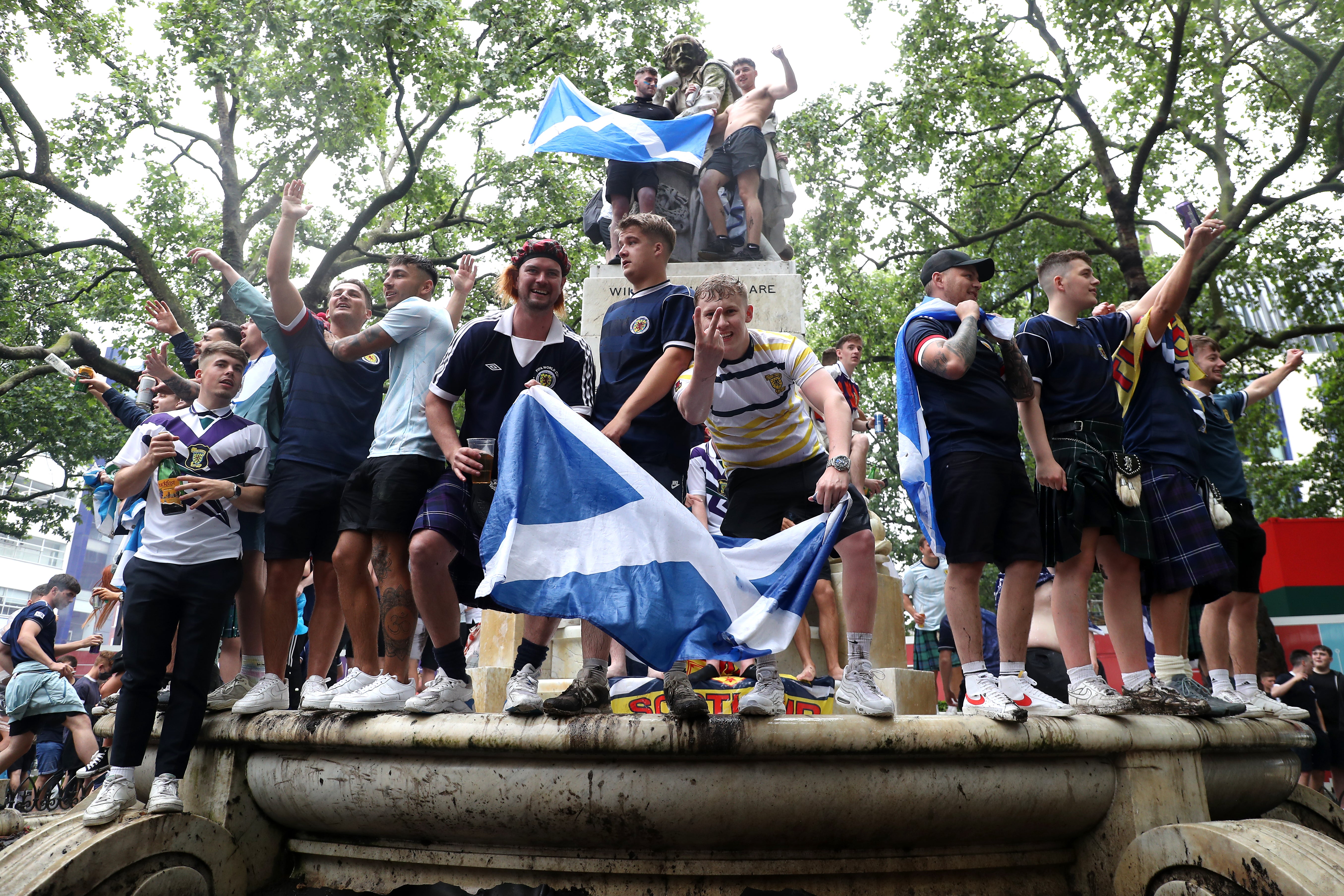 Scotland fans gather in Leicester Square before the UEFA Euro 2020 match between England and Scotland later tonight.