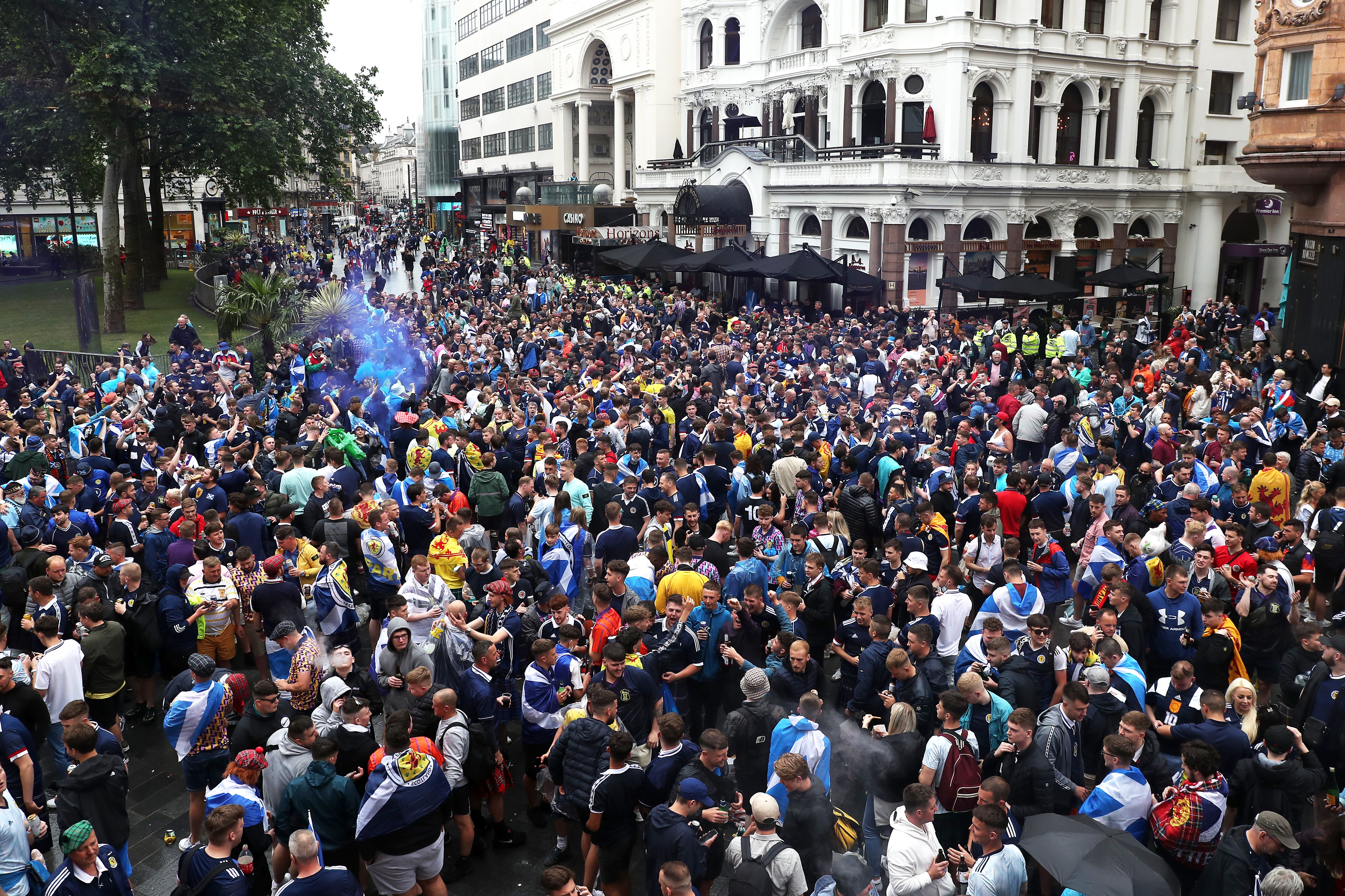 Scotland fans gather in Leicester Square before the UEFA Euro 2020 match between England and Scotland later tonight