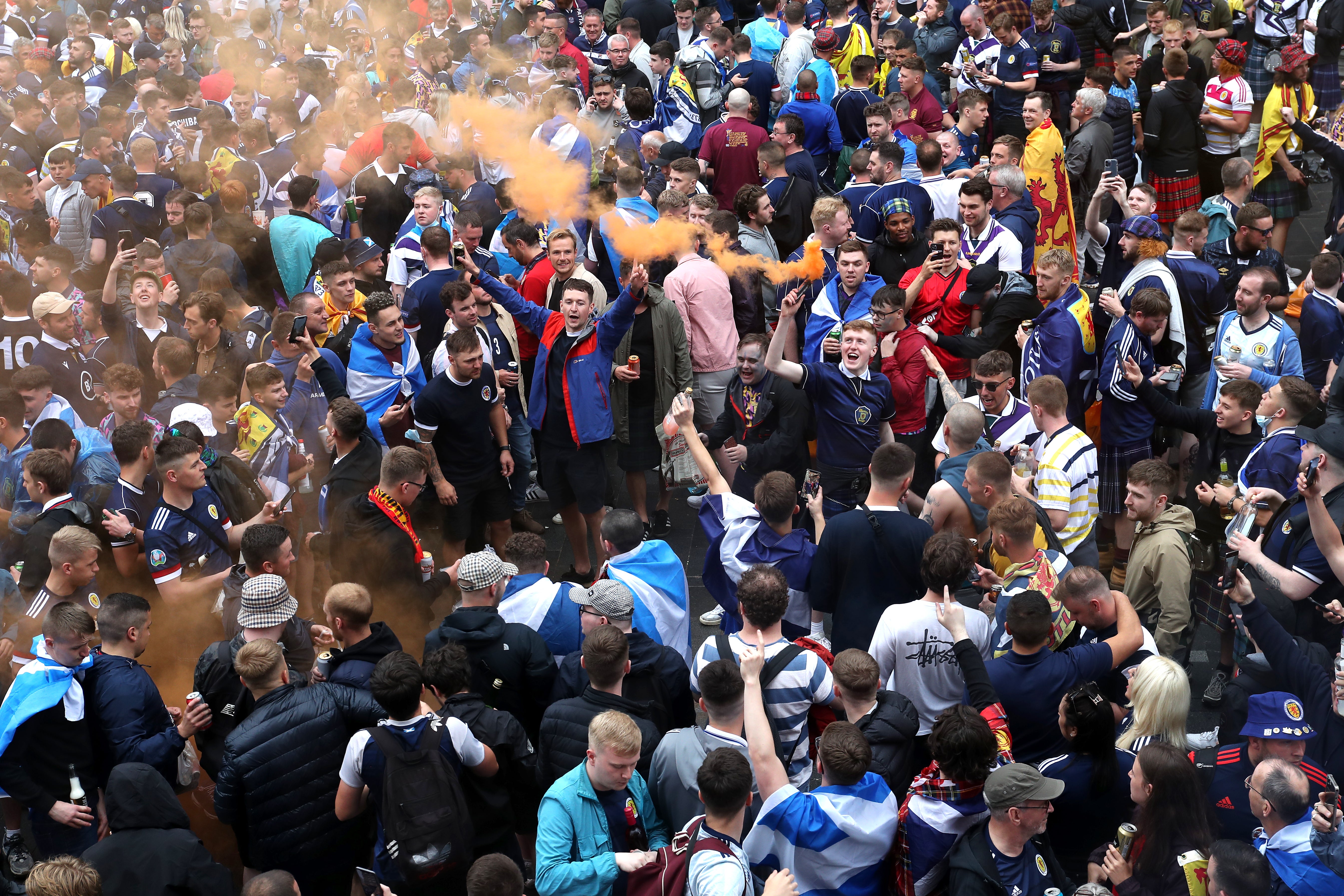 Some fans lit flares as the pre match party descended upon Leicester Square.