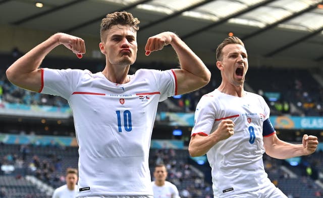 <p>Patrick Schick celebrates scoring from the spot</p>