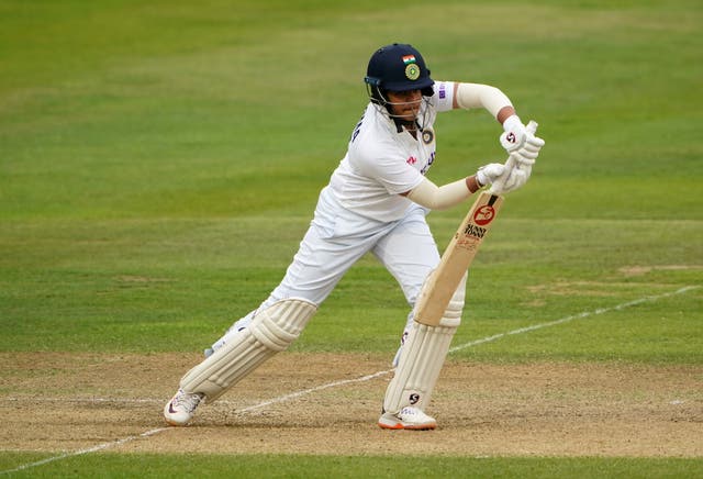 <p>Shafali Verma plays through the off side against England</p>