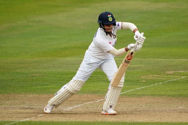 <p>Shafali Verma plays through the off side against England</p>