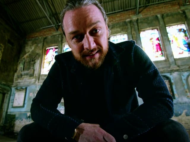 <p>James McAvoy during the address to Scottish football fans</p>