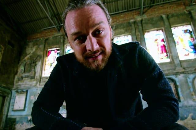 <p>James McAvoy during the address to Scottish football fans</p>