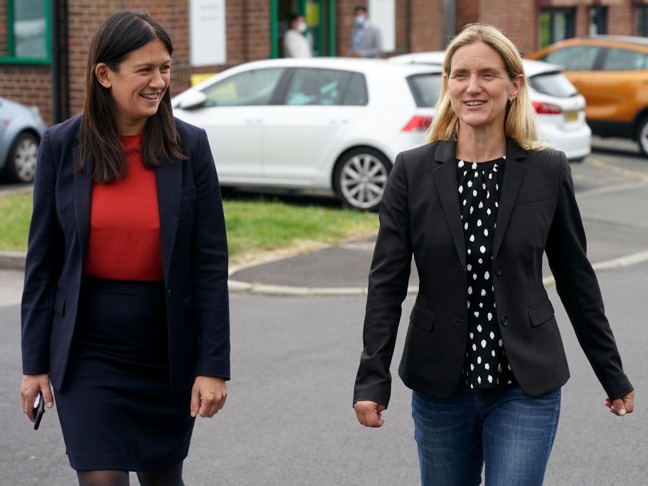 Kim Leadbeater (right) campaigning in Batley with shadow foreign secretary Lisa Nandy