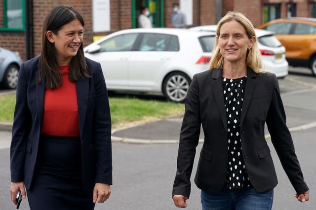 <p>Kim Leadbeater (right) campaigning in Batley with shadow foreign secretary Lisa Nandy</p>
