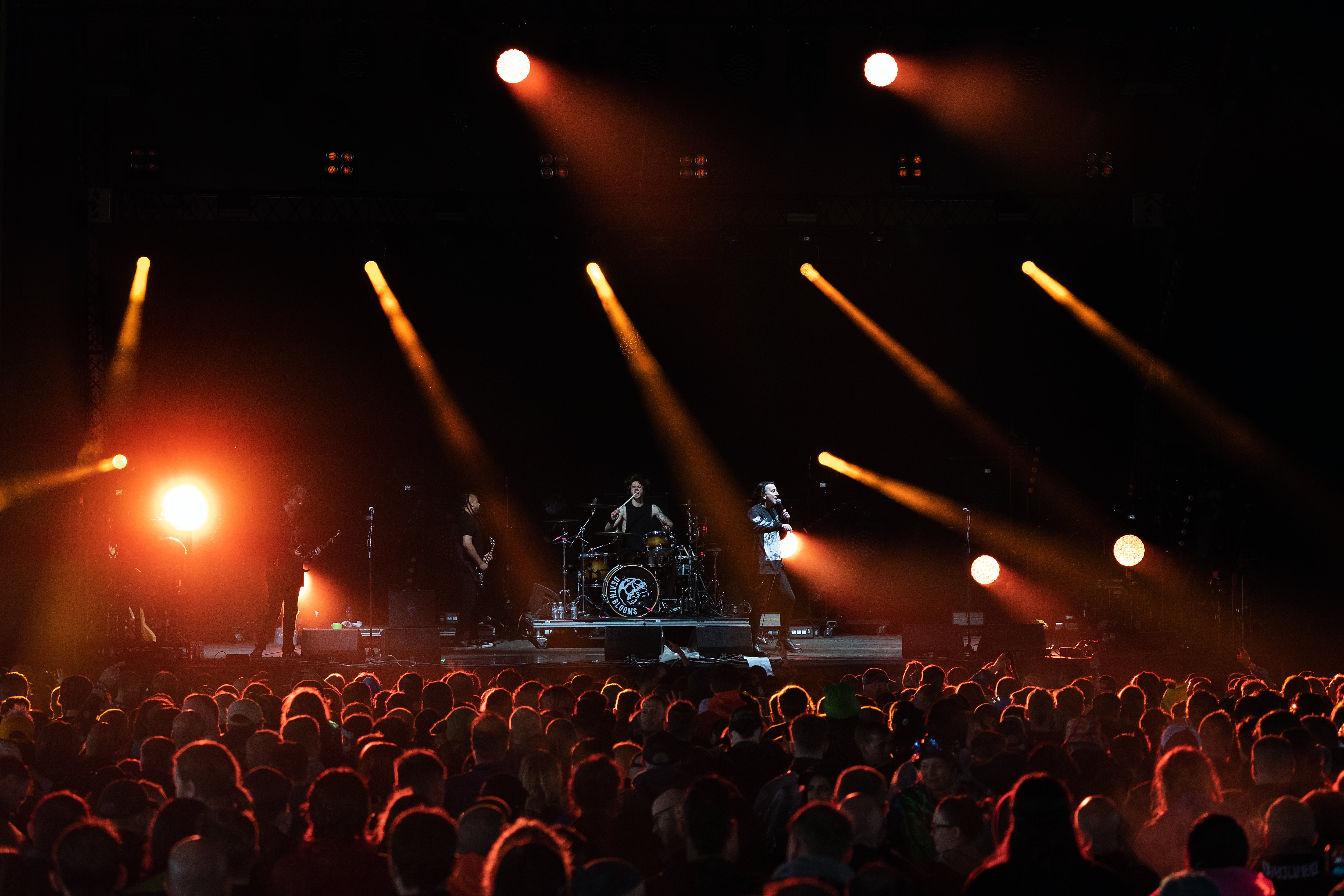 Fans watch Death Blooms on stage on the first day of Download Festival