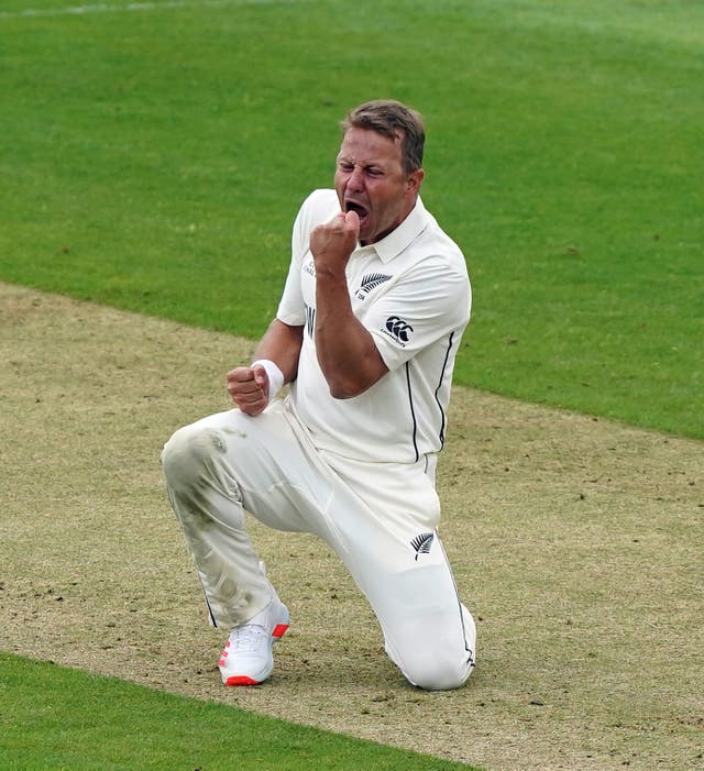 Neil Wagner celebrates taking the wicket of India’s Shubman Gill
