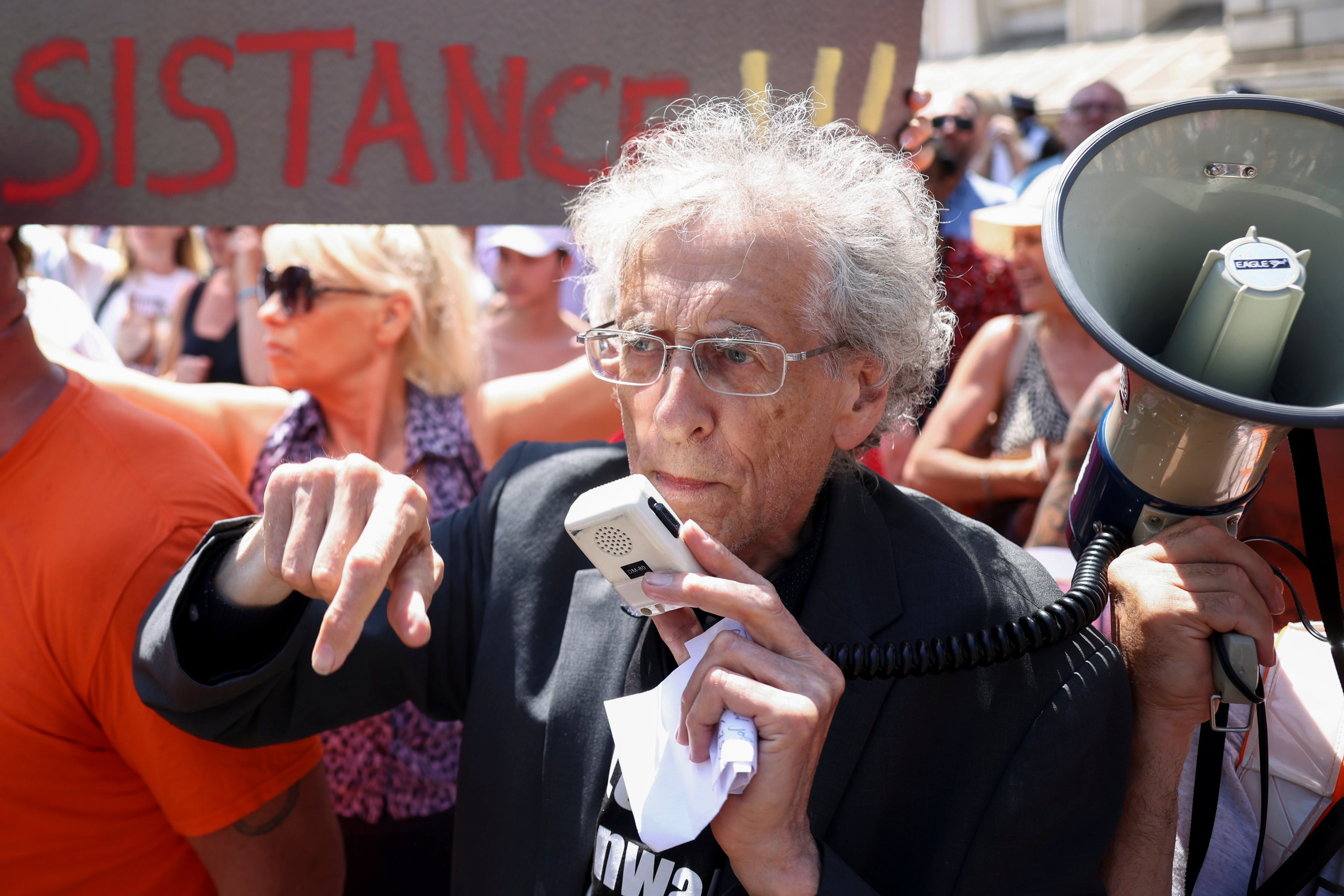 Activist Piers Corbyn takes part in an anti-lockdown and anti-vaccine protest in Downing Street in June