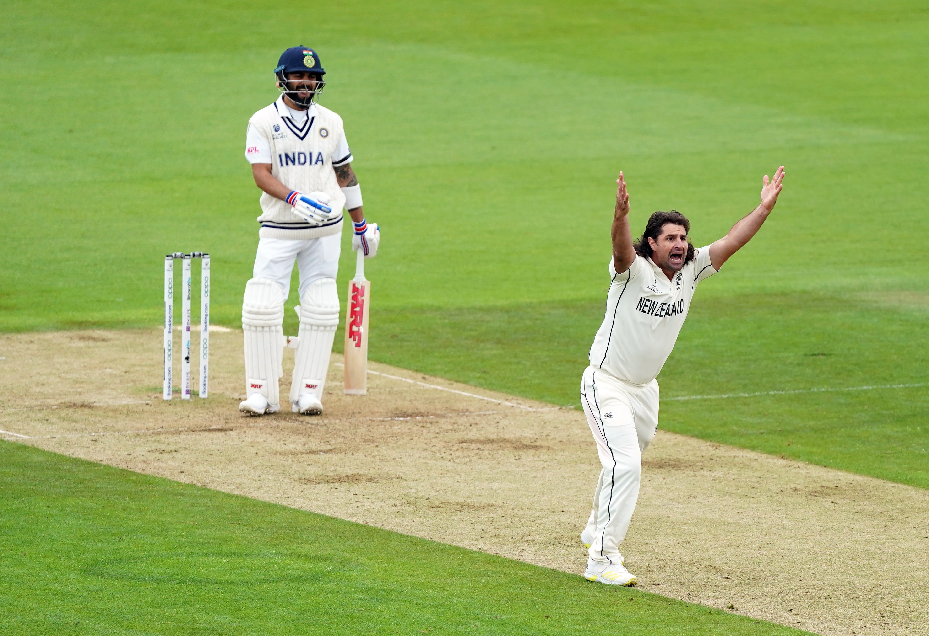New Zealand’s Colin de Granhomme appeals for the wicket of India’s Virat Kohli during day two of the World Test Championship final match at The Ageas Bowl