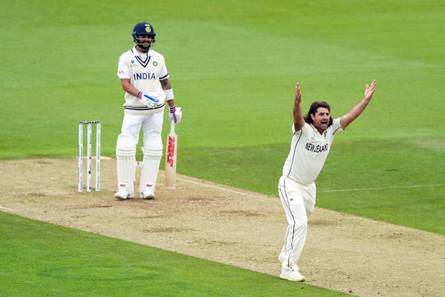 <p>New Zealand’s Colin de Granhomme appeals for the wicket of India’s Virat Kohli during day two of the World Test Championship final match at The Ageas Bowl</p>
