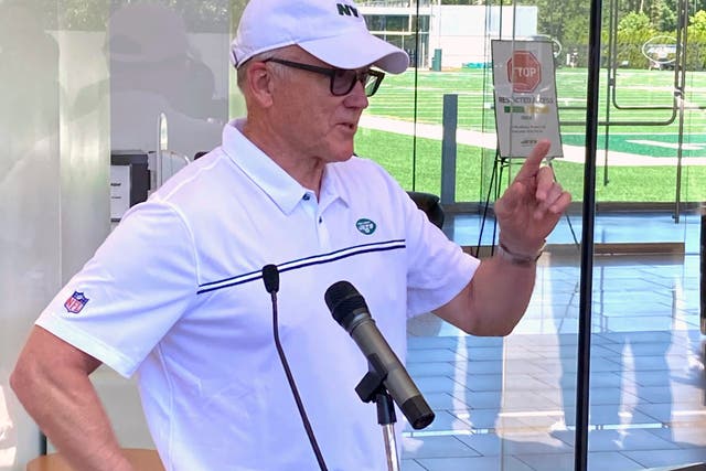 <p>New York Jets owner and chairman Woody Johnson speaks to reporters at the team’s NFL football facility in Florham Park, N.J, Wednesday, June 16, 2021.</p>