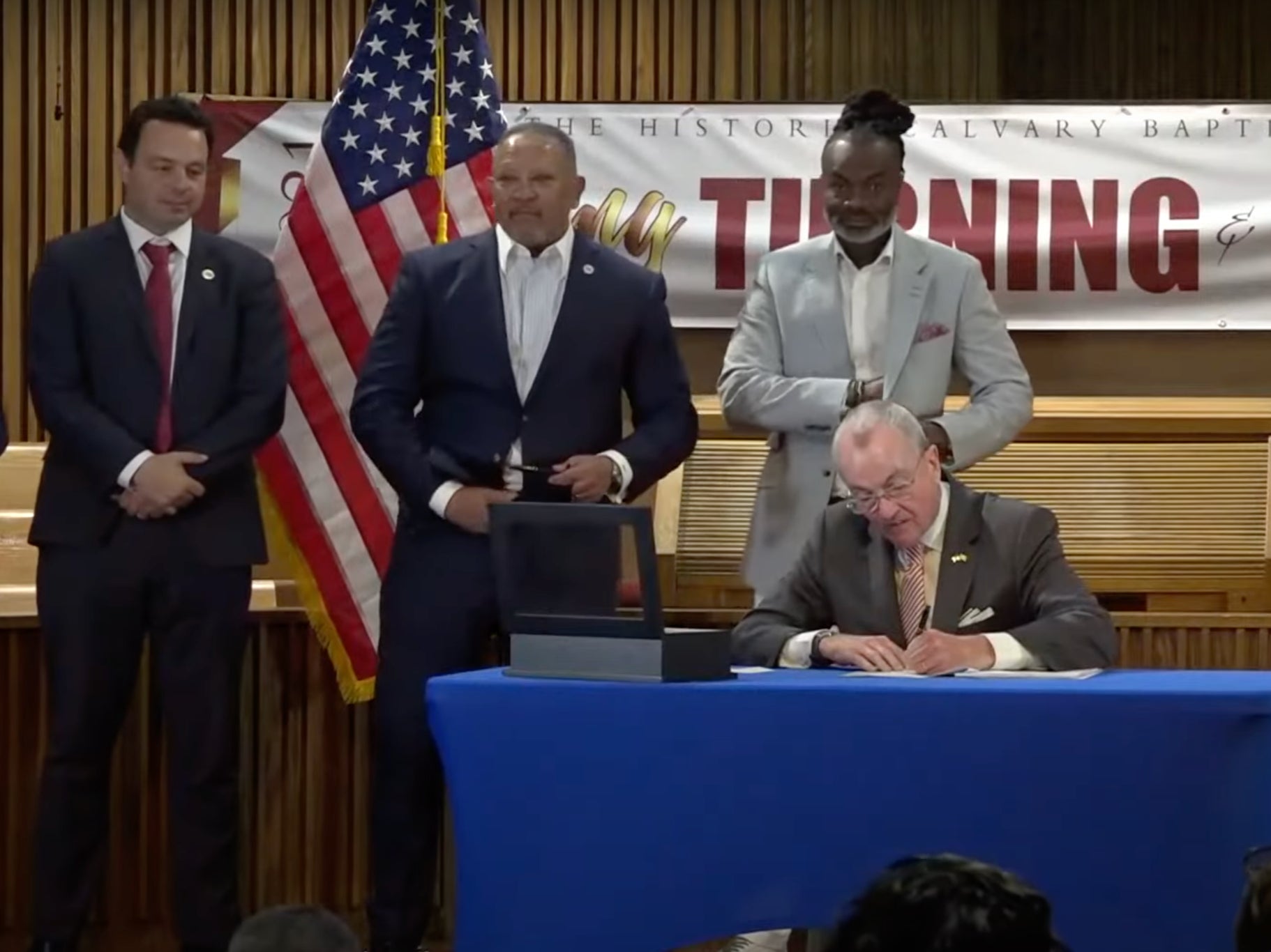 Democratic New Jersey Governor Phil Murphy signs the Fair Chance in Housing Act on 18 June 2021.