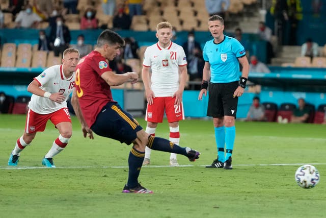 <p>Spain’s Gerard Moreno misses a penalty against Poland at Euro 2020</p>
