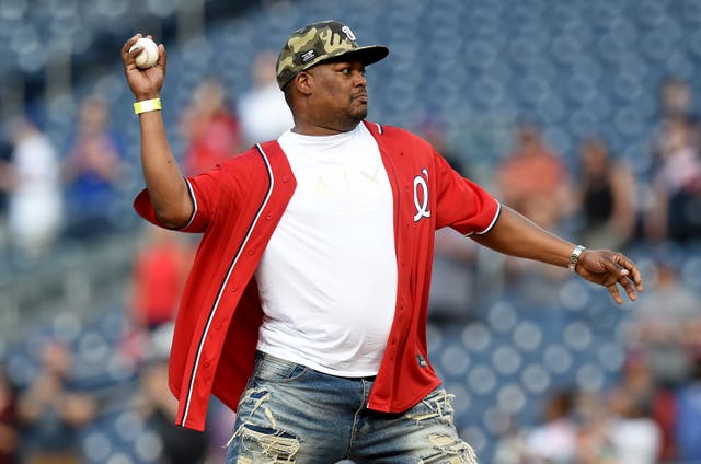 <p>Capitol Police officer Eugene Goodman throws out the first pitch before the game between the Washington Nationals and the New York Mets at Nationals Park on June 18, 2021 in Washington, DC</p>