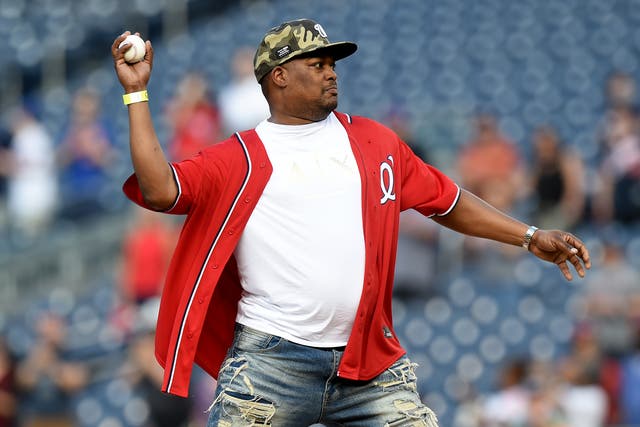 <p>Capitol Police officer Eugene Goodman throws out the first pitch before the game between the Washington Nationals and the New York Mets at Nationals Park on June 18, 2021 in Washington, DC</p>