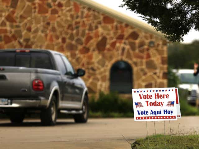 <p>Voters arrive at a polling place to cast their ballots on 8 November, 2016 in Brock, Texas.</p>