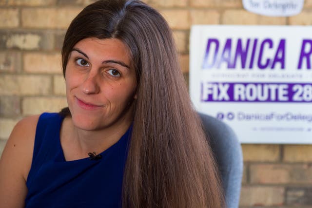 <p>Danica Roem sits in her campaign office on September 22, 2017, in Manassas, Virginia. </p>