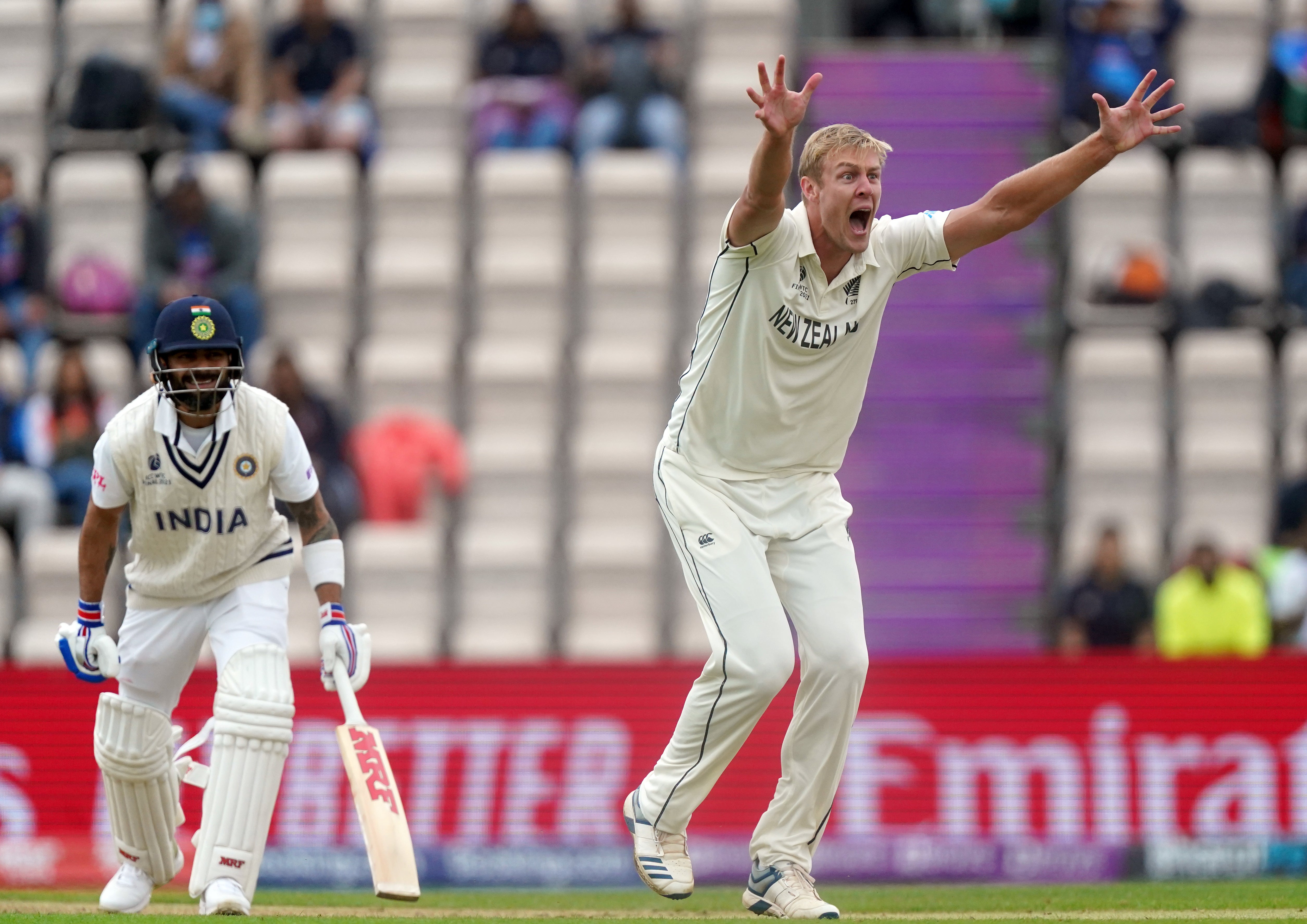 New Zealand’s Kyle Jamieson appeals for the wicket of India’s Virat Kohli