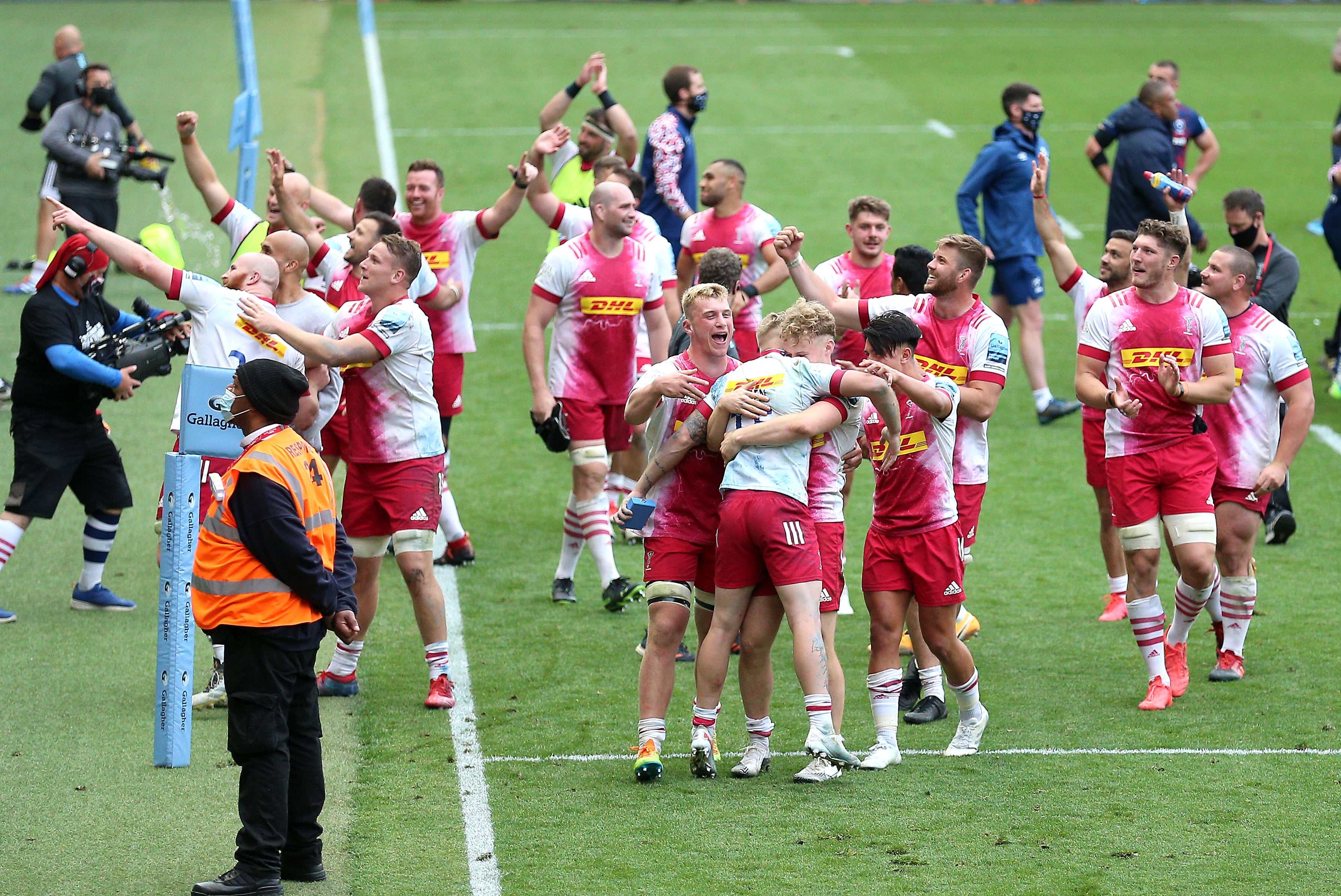 Harlequins players celebrate after stunning Bristol Bears in extra-time during a 43-36 triumph at Ashton Gate