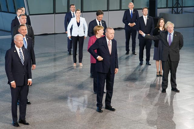<p>File image: US President Joe Biden (L), Turkey's President Tayyip Erdogan (C), Britain's Prime Minister Boris Johnson (R) and other NATO heads of the states and governments pose for a family photo during the NATO summit at the Alliance's headquarters, in Brussels, Belgium on 14 June, 2021</p>