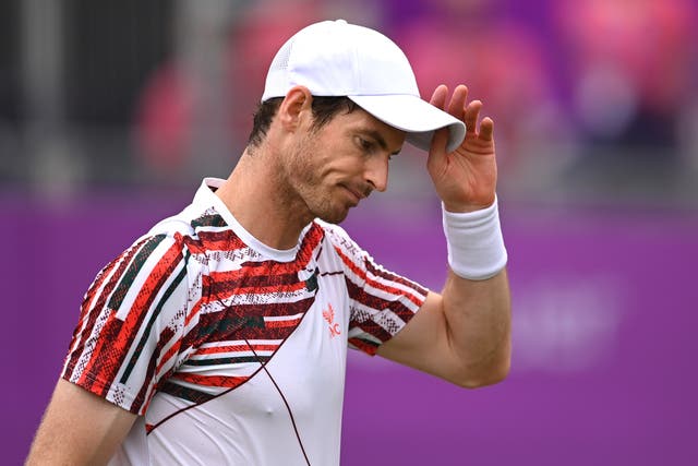 <p>Andy Murray reacts against Matteo Berrettini at The Queen’s Club</p>