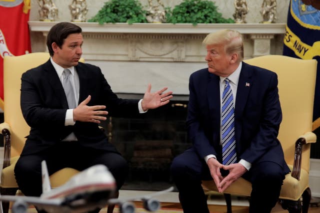 <p>Ron DeSantis and Donald Trump discussing the Covid crisis in the White House. Both men are thought to want to return to 1600 Pennsylvania Avenue on a more permanent basis </p>