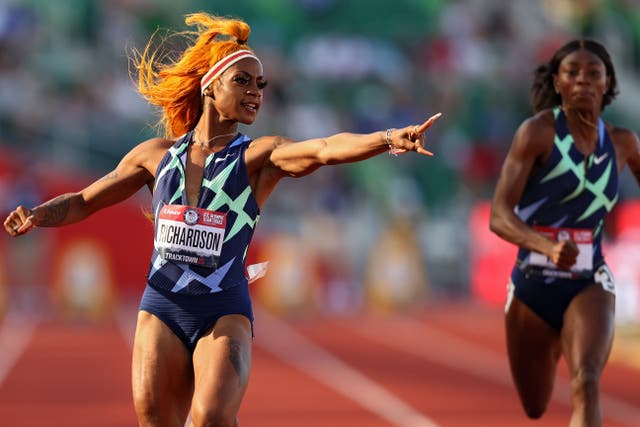 <p>Sha’Carri Richardson reacts after a dominant display in the women’s 100m.</p>
