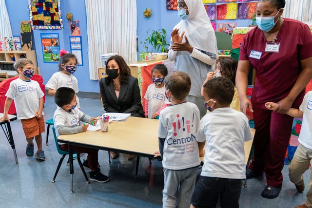 <p>Vice President Kamala Harris joins bilingual early childhood education school pupils on Friday, June 11, 2021 in northwest Washington. </p>