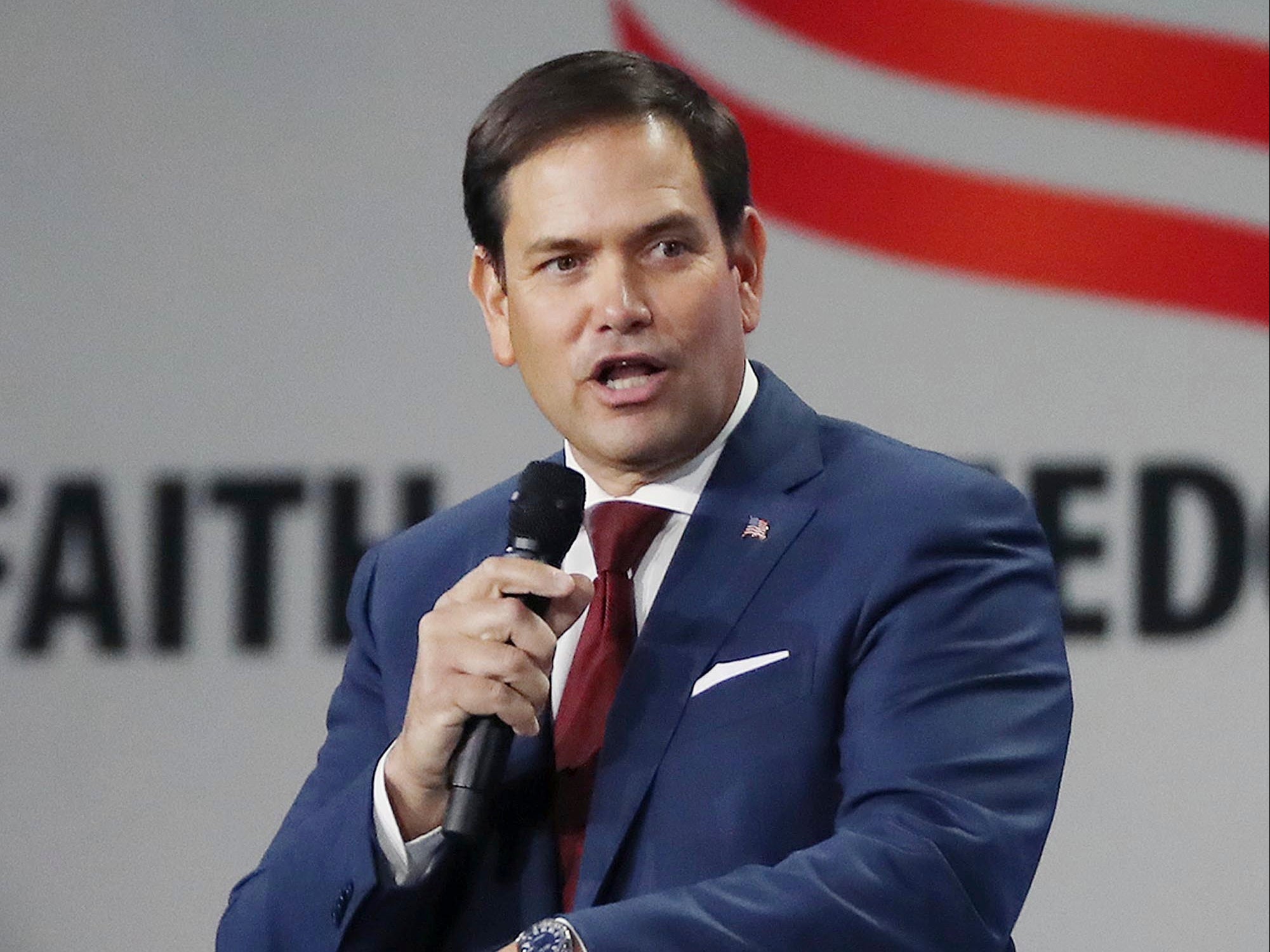 <p>U.S. Sen. Marco Rubio speaks during the Road to Majority convention at Gaylord Palms Resort & Convention Center in Kissimmee, Fla., on Friday, June 18, 2021. </p>