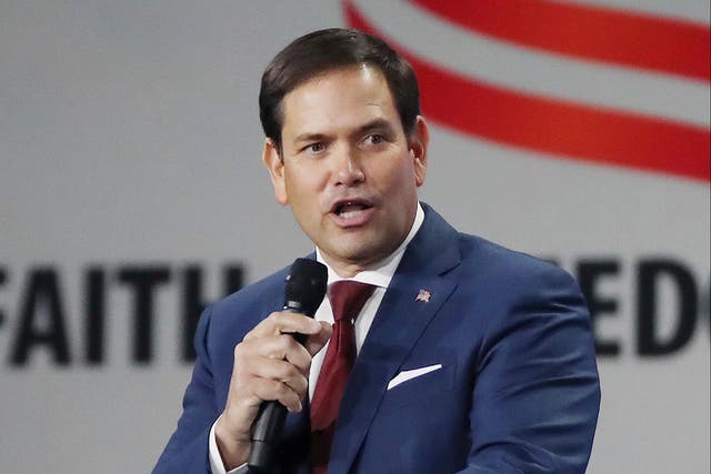 <p>U.S. Sen. Marco Rubio speaks during the Road to Majority convention at Gaylord Palms Resort & Convention Center in Kissimmee, Fla., on Friday, June 18, 2021. </p>