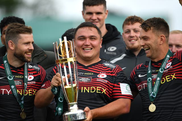 <p>Jamie George (centre) says he is ready for the Lions tour to South Africa after helping Saracens win the Championship</p>